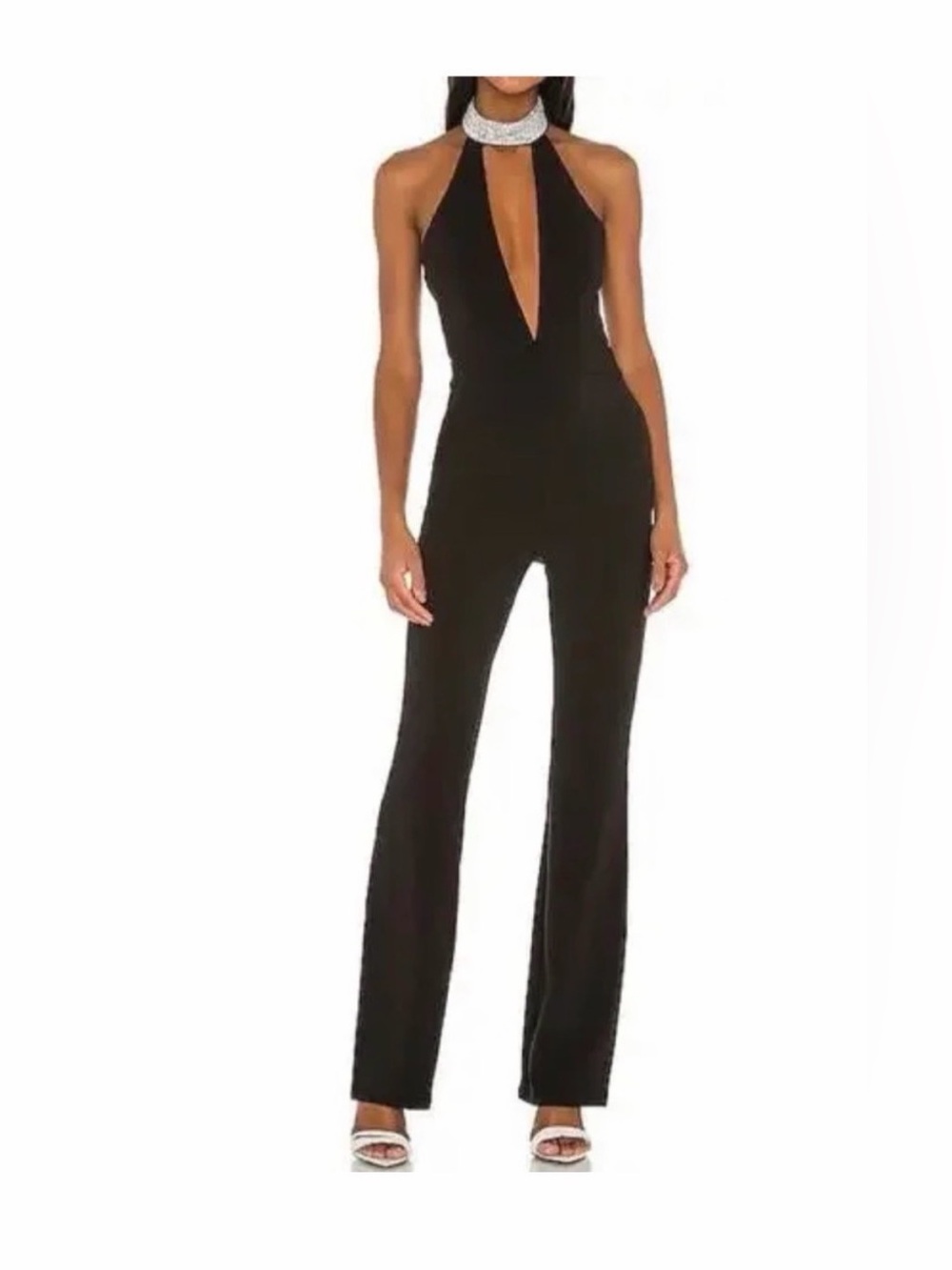 NBD Black Halter Choker Jumpsuit S Rhinestone Plunge Flare Revolve Party